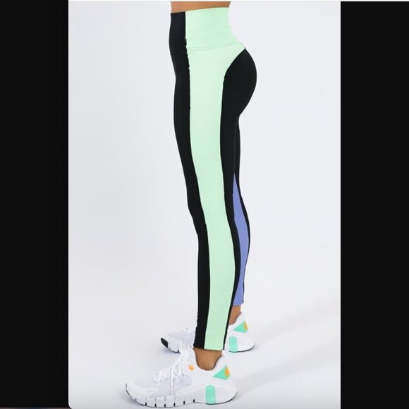 Beach Riot Black Blue Mint Colorblock Stripe Ribbed Leggings S - Picture 3 of 8